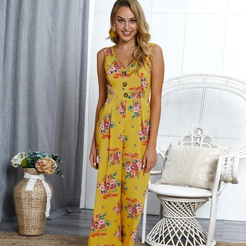 

Floral Print Bohemian Jumpsuit V Neck Sleeveless Backless Lace Up Women Jumpsuits Button Wide Leg Casual Rompers Womens Jumpsuit