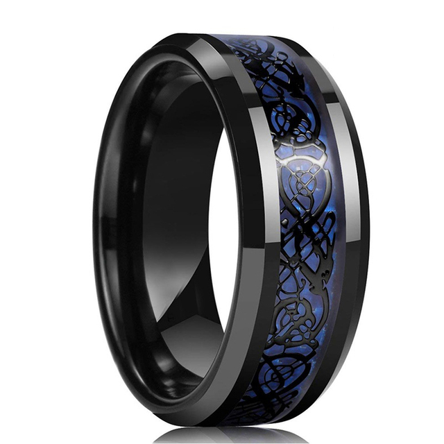8MM Men's Gold Groove Beveled Edge Stainless Steel Ring Meteorites Inlaid Red carbon fibre Ring Men Wedding Band