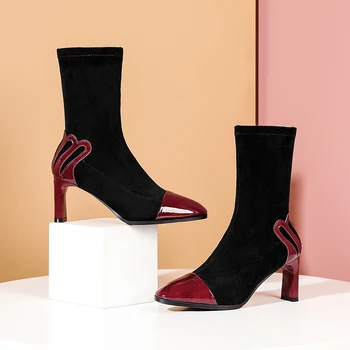 

2021 Ladies Ankle Boots patchwork Leather High Heels Shoes Woman Newest Winter Wedding party Women Boots size 41 42