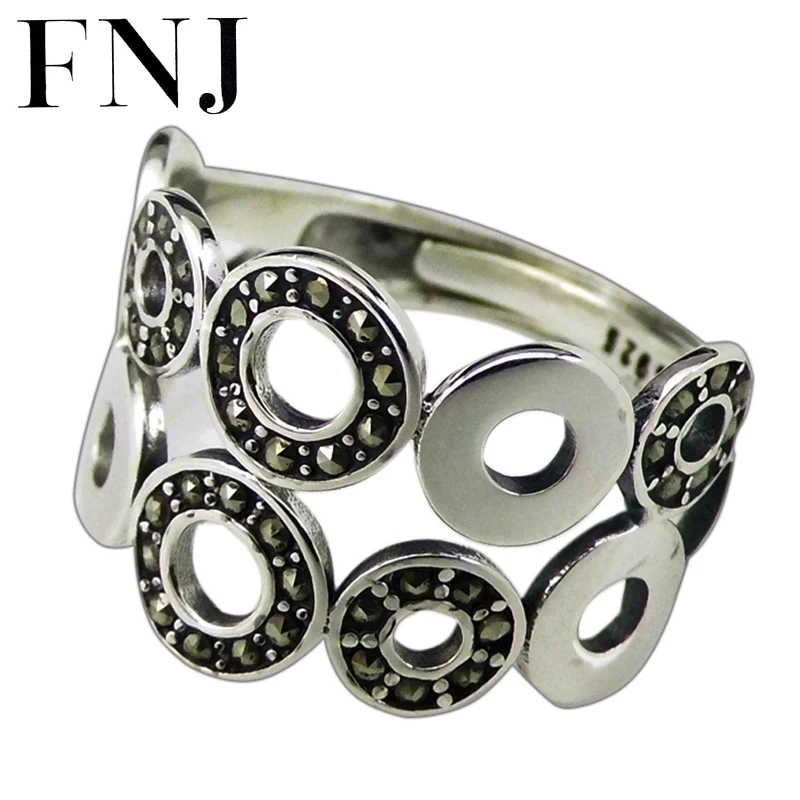 

FNJ MARCASITE Round Rings 925 Silver Adjustable Size Open Popular S925 Solid Silver Ring for Women Jewelry Fine Vintage