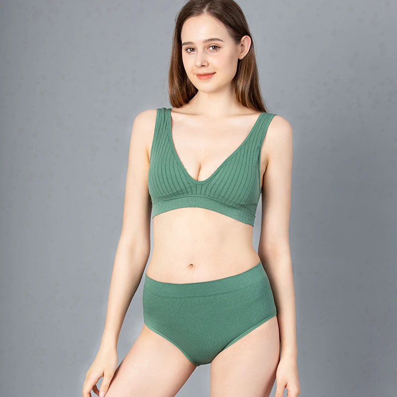 Women'secret Green Seamless Ribbed Bra Top With Removable Cups Women Bras