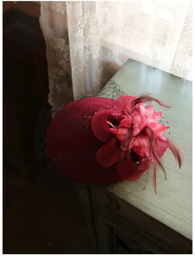 Fashion Women Wedding Hat Flower Black Bridal Party Hair Wear With Comb Pearl Beaded Fascinators