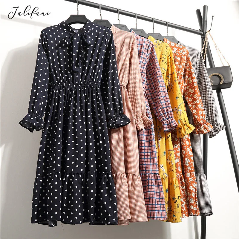 Women Casual Autumn Dress Lady Korean Style Vintage Floral Printed Chiffon Shirt Dress Long Sleeve Bow Midi Summer Dress Vestido Women Casual Autumn Dress Lady Korean Style Vintage Floral Printed Chiffon Shirt Dress Long Sleeve Bow Midi Summer Dress Vestido
