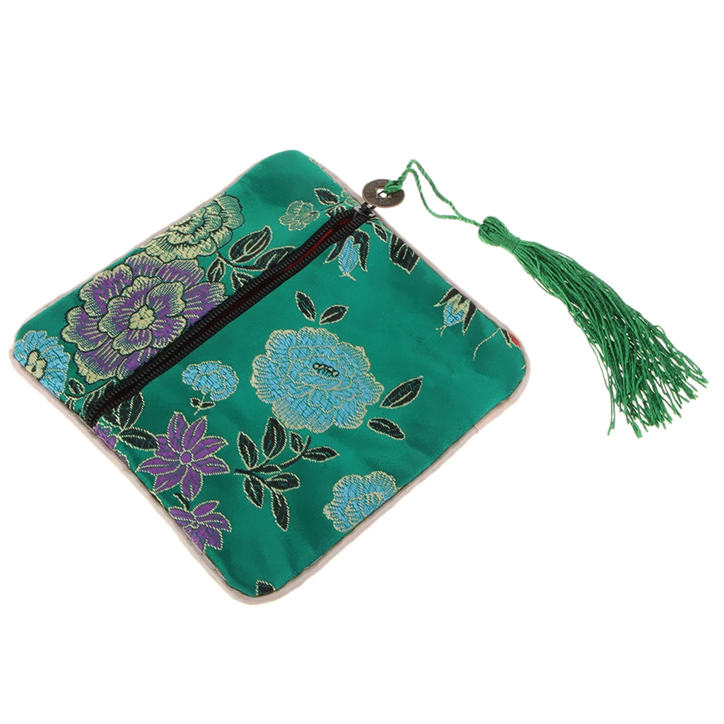 Vintage Guzheng Nail Tape Bag Pouch Chinese Element Silk Brocade Purse with Tassel Decor