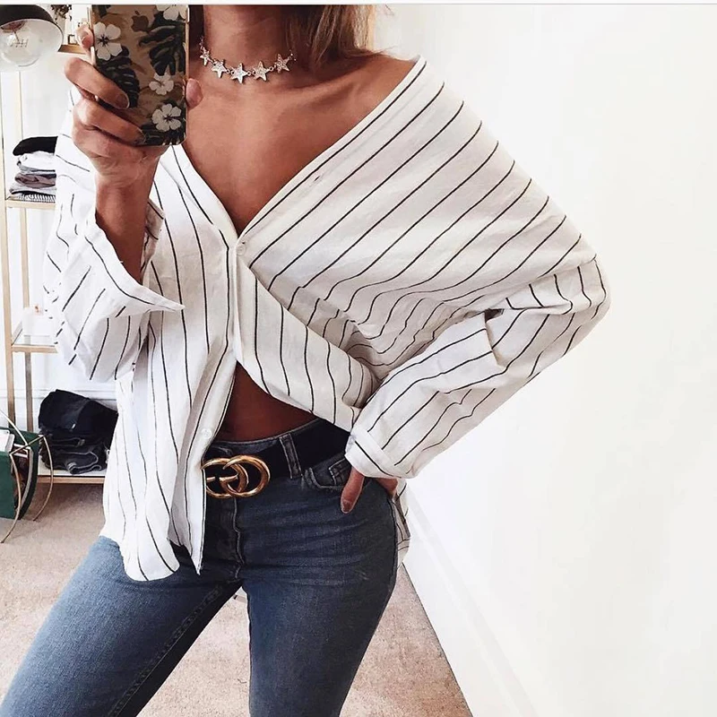 

Autumn new fashion Multi-color striped shirts Sexy V-neck Button Batwing Sleeves Tops Casual Loose Casual Blouse