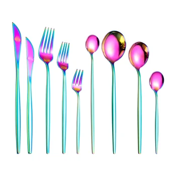 

Dinnerware Rainbow Silverware Cutlery Set 304 Stainless Steel Luxury Flatware Home Fork Spoon Knife Kitchen Dinner Set Drop Ship