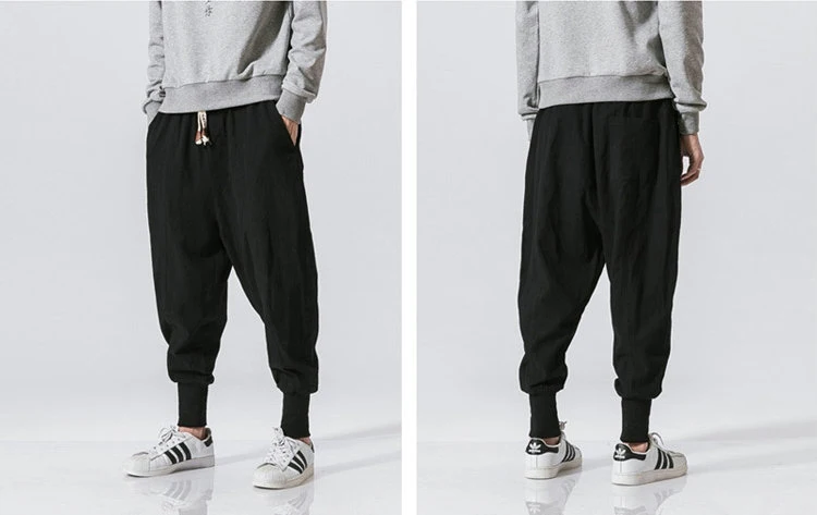 black khaki pants Cotton Linen Harem Pants Men Solid Elastic Waist Streetwear Joggers 2022 New Baggy Drop-crotch Pants Casual Trousers Men big and tall casual pants