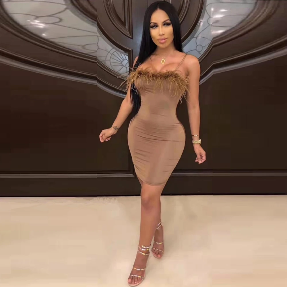 Новые летние коричневые черные перья Бандажное платье без бретелек Bodycon Vestidos вечерние платья знаменитостей хорошего качества