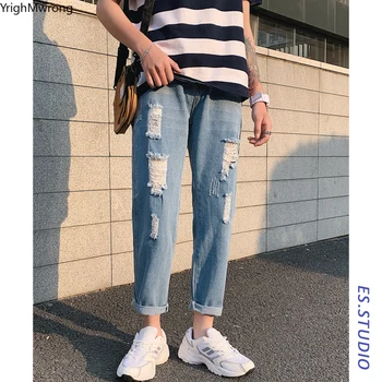 

Plus Size Streetwear Destroyed Ripped Hole Hip Hop Denim Pant Men Slim Fashion Harem Harajuku Solid Vintage Blue Jeans Trouser