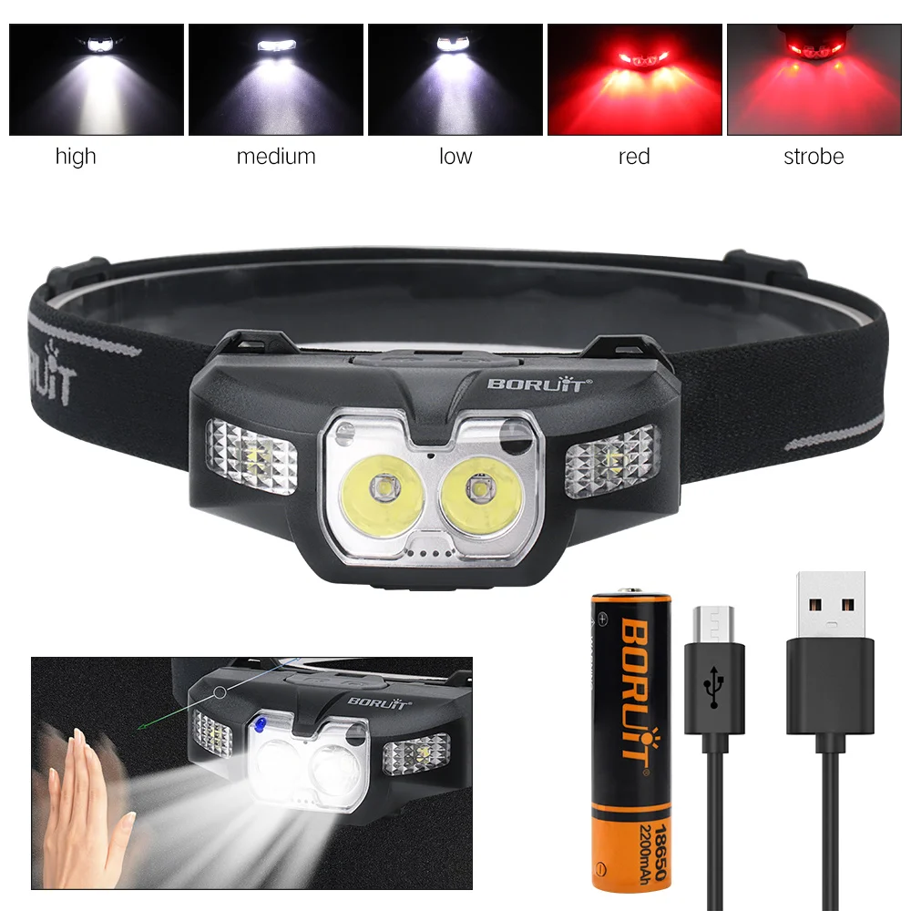 

BORUiT IR Sensor LED Headlamp Flashlight Rechargeable Head Torch Light 18650 Waterproof Portable Camping Hunting Fishing Lamp
