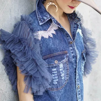 

2020 Mesh Sleeve Trend Wear Denim Top Women Lace Decor Lotus Leaf Sleeve Blouse Pocket Patchwork Fashion Shirts Japanese Style