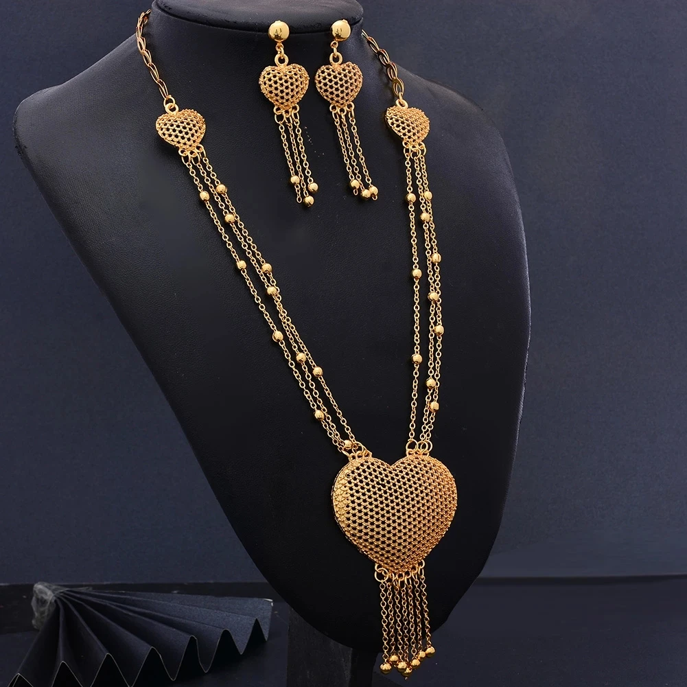 Latest Double Chained Round Pendant Gold Platted Set for Women