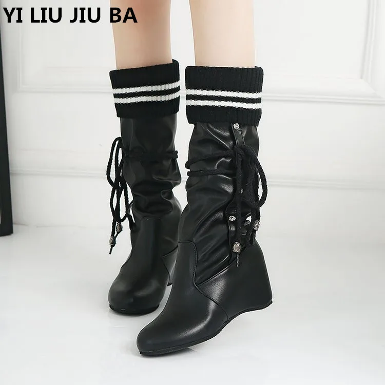 

High quality Winter women mid heel dress knee-high Boots Women Increase within casual PU leather warm Snow Boots Women shoesG377