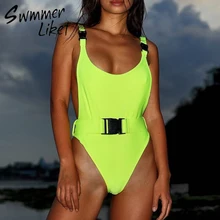 Сексуальные стринги бикини неоновый купальник с застежкой женский пояс купальник с высокими плавками летний купальный костюм с пуш-ап цельный купальник Монокини
