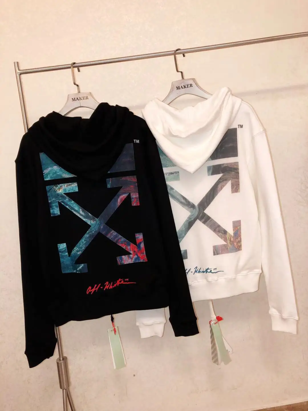 Высокое качество 19SS OFF-WHITE OW цифровое управление инъекция ограниченная крест стрелы Печать Мужская Пара Толстовка с капюшоном