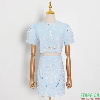 

Elegant Embroidery Two Piece Sets Women O Neck Short Sleeve Top High Waist Hit Color Skirt Hollow Out Suits Female