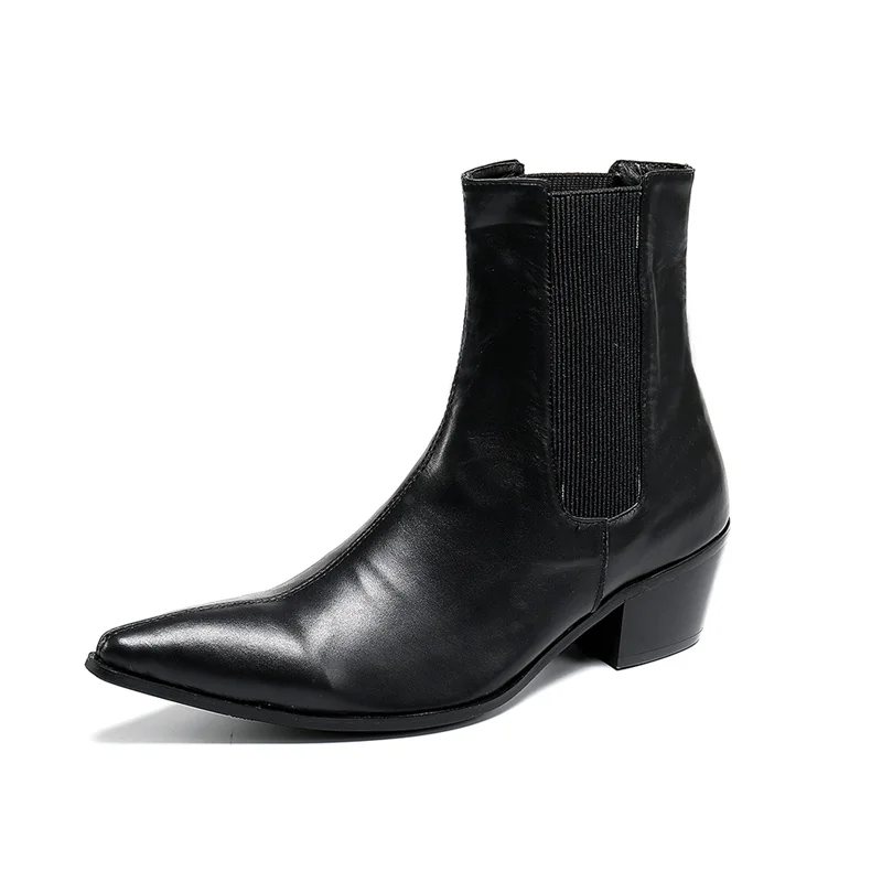 British Style Mens Chelsea Boots Leather Ankle Boots Pointed Toe Slip On Men High Fashion Elastic High Heel Work