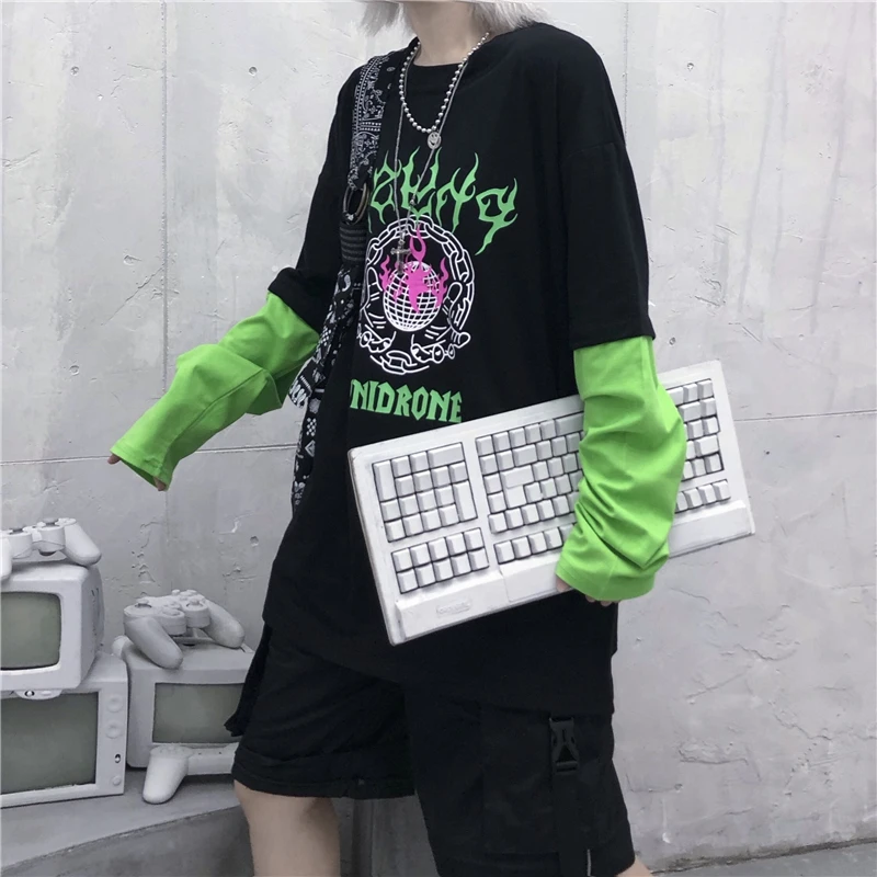 Уличная Harajuku женские футболки Ретро флуоресцентные зеленые буквы печатные с длинным рукавом поддельные из двух частей лоскутные Футболки унисекс
