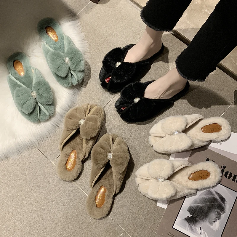 

Shoes Woman 2019 Slippers Fur Luxury Slides Low Flock Butterfly-knot Cover Toe Plush New Designer Flat Summer Soft