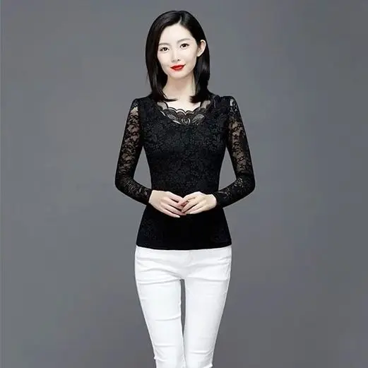여성용 긴팔 블라우스, 레이스 셔츠, 겨울 블라우스