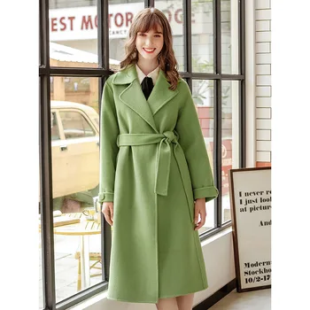 

Lace up long double-sided cloth coat new women's Suede green woolen coat in autumn and winter 2019