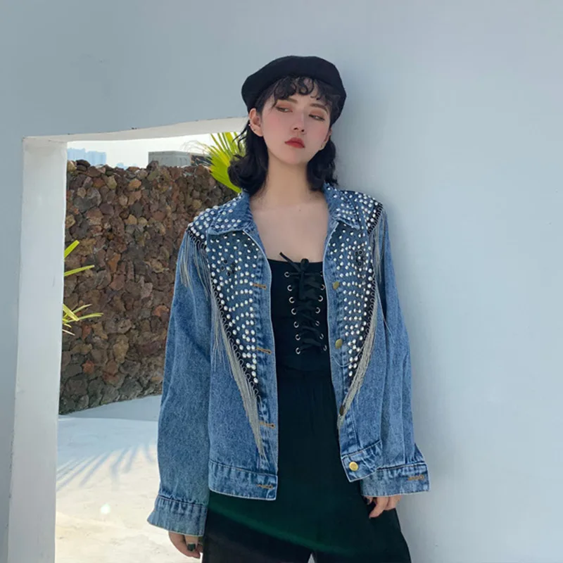 Осенняя джинсовая куртка для женщин, уличная одежда Harajuku, зимняя куртка с заклепками, однобортная куртка с кисточками и цепочкой, пальто и куртки для женщин - Цвет: Синий