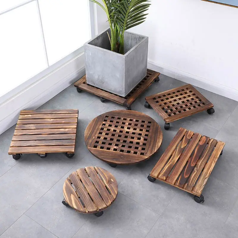 Flower Vase Pot Wooden Plant Caddy Stand with Rolling Wheel Moving Tray Roller