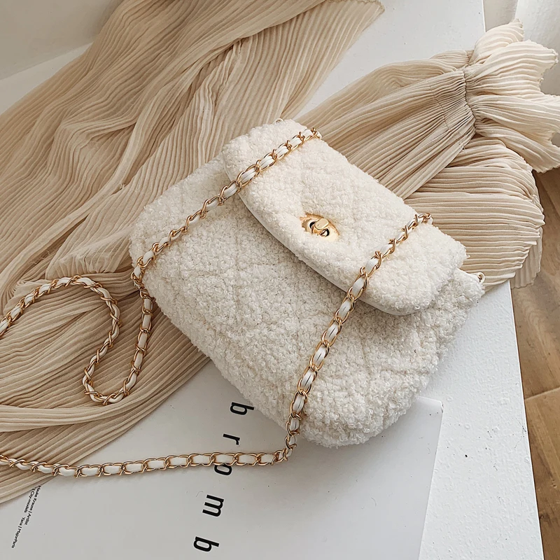 Elegant Female Plaid Crossbody Bag Winter New Quality Soft Plush Women's Designer Handbag Lock Chain Shoulder Messenger Bag