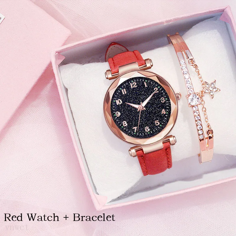 Модные женские часы,, звездное небо, часы с циферблатом, роскошный женский браслет, женские часы, кварцевые наручные часы, Relogios Feminino - Цвет: Red watch bracelet