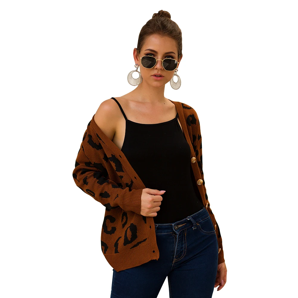 

2019 Women Autumn Winter Leopard Cardigan Sweater Coat Female Long Sleeve Plus Size Outer Knitted Tops Pull Femme Jersey Sueter