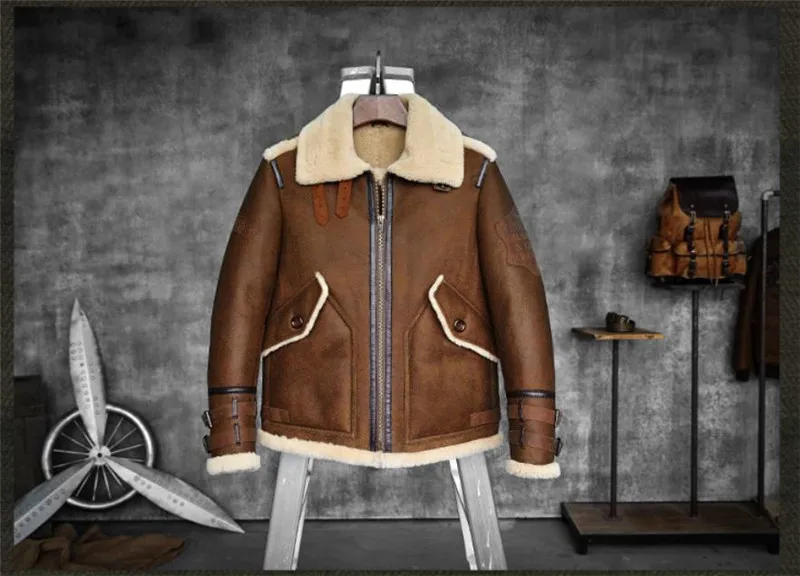 Мужская B-3/B-6 куртка-бомбер из овчины коричневого цвета на молнии, Зимняя Теплая мужская куртка с большим карманом, Мужская Толстая куртка