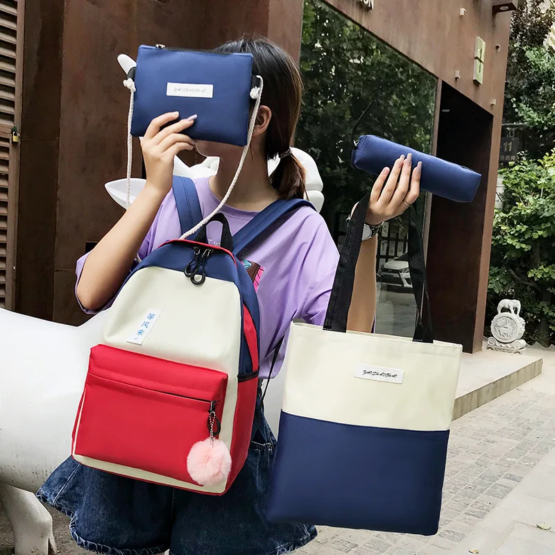 

2019 Students Colorblocking Backpack Four-piece Set Different Size Bags Furry Ball Backpack GIRL'S in Students School Bag Canvas