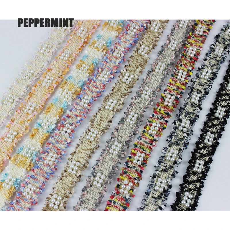 1 yard 3cm Tweed Webbing Pearl Beaded Trim Fabric Ribbon Sewing Handmade DIY Costume Dress Supplies Craft