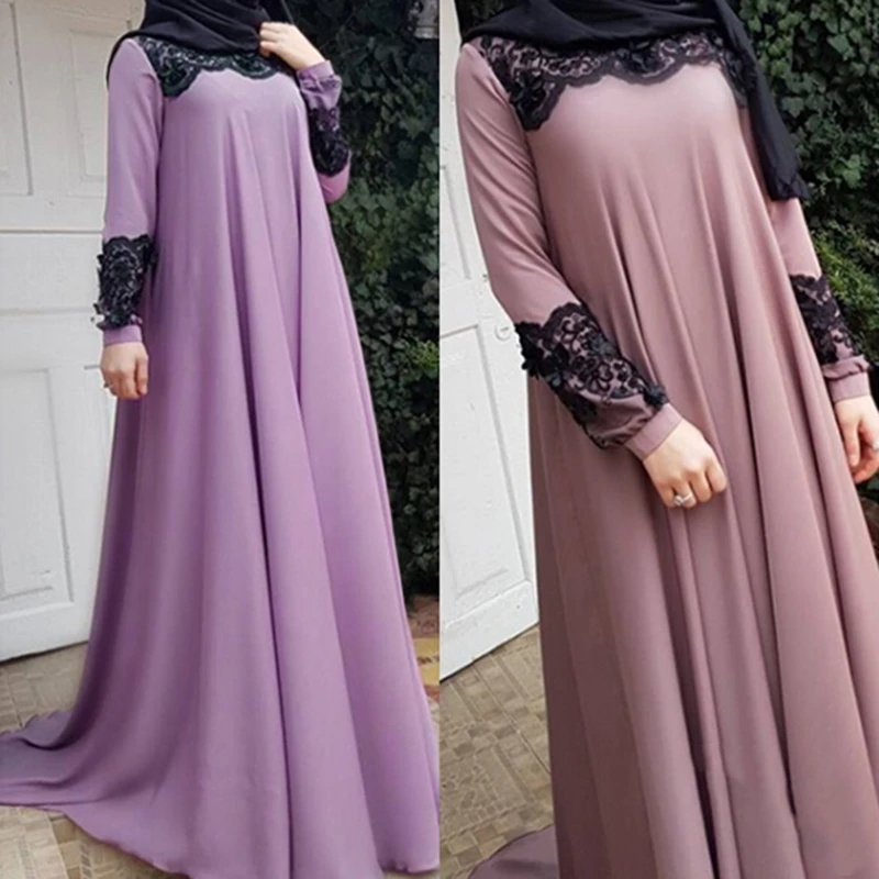 Размера плюс S-5XL, Дубай, арабские мусульманские платья для женщин, ислам, а-силуэт, большие качели, макси платье, с соединением, свободное, Рамадан, турецкая исламская одежда - Цвет: Фиолетовый