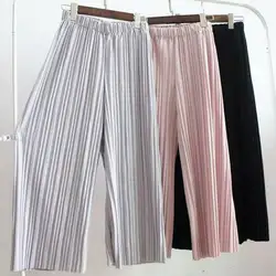 Новые брендовые Летние Женские однотонные плиссированные шифоновые эластичные широкие брюки с высокой талией, Повседневная Свободная