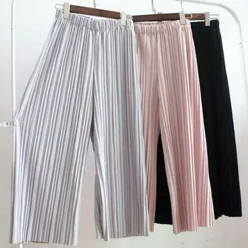 

New Brand Summer Women Ladies Solid Pleated Chiffon Elastic Wide Leg Pants High Waist Casual Loose Culottes Trousers Holiday