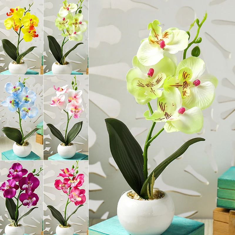 Artificial Flower Four Heads Fake Potted Plant Phalaenopsis Bonsai Decoration Cheap Fake Flowers For Home Wedding Decor Indoor