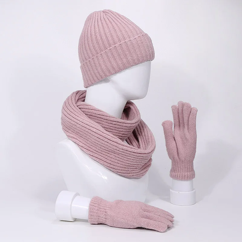 Комплект из трех предметов Шапочка-шарф и наборы перчаток для женщин и мужчин с подкладкой зима и осень Вязаная Шапка в полоску уличная Толстая теплая шапка бини шарф перчатки набор - Цвет: G