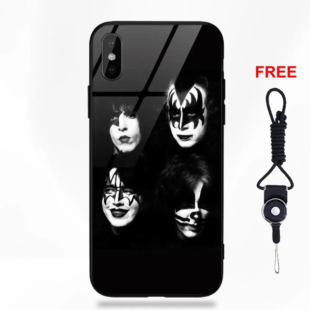 Рисунок мягкий ТПУ чехол+ закаленное стекло чехол для телефона Apple IPhone X XS Max XR 5 5C 5S SE 6 6S 7 8 Plus Kiss тяжелый Логотип рок-группы - Цвет: as picture