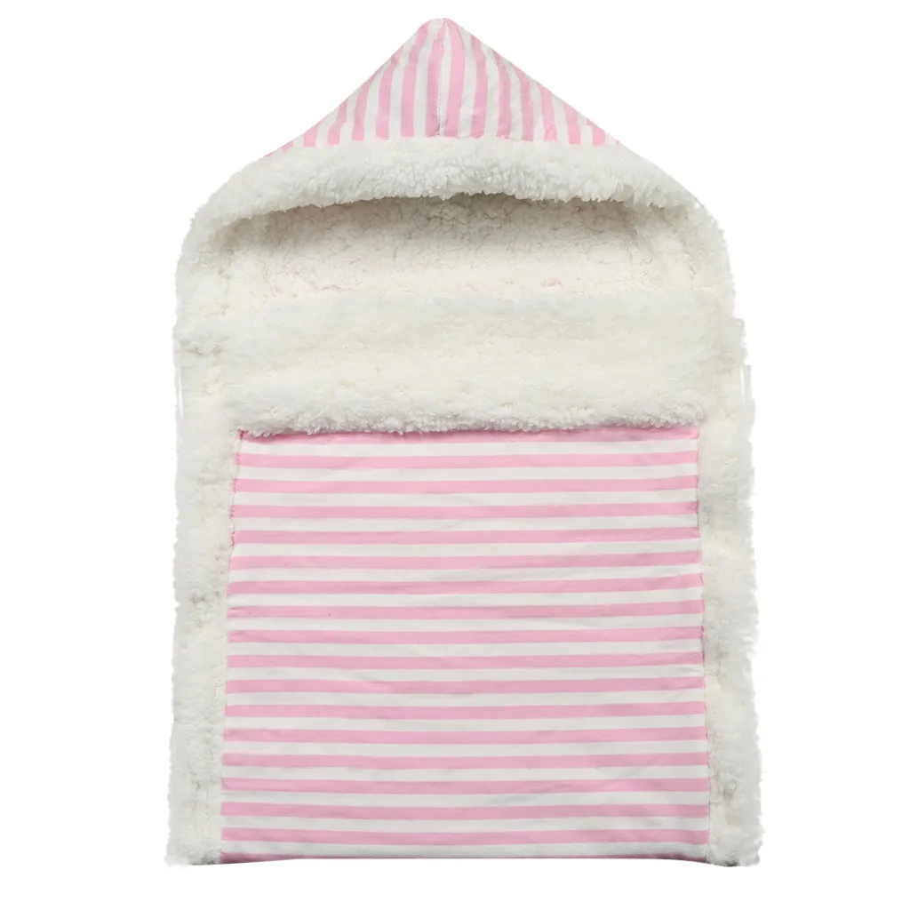 2019Thick warm striped lambskin hug blanket stroller sleeping bag hug Newborn Infant Baby Boy Girl Swaddle Sleeping Wrap Blanket - Цвет: Розовый