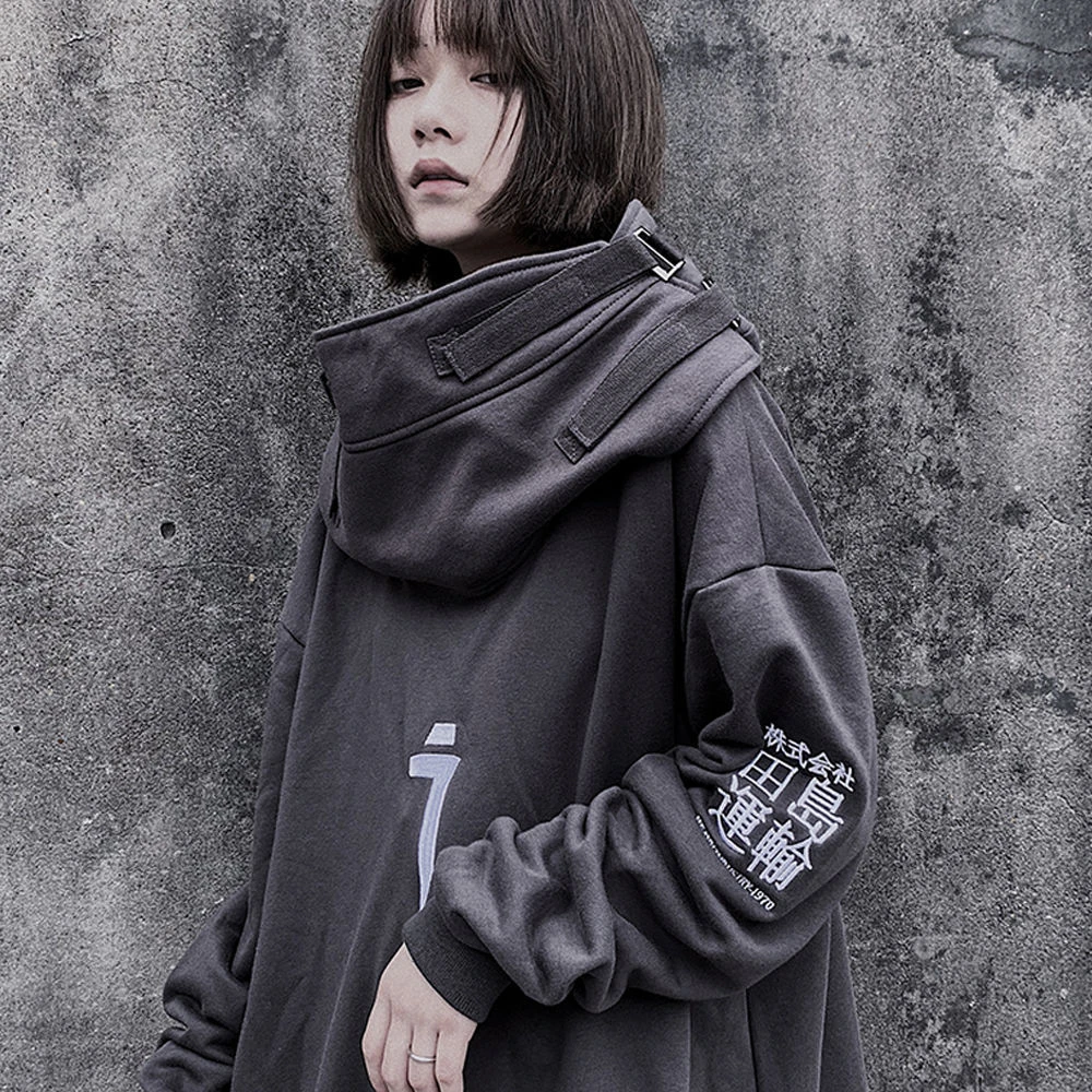 Sudadera con capucha japonesa Harajuku para mujer, jersey alto con boca de ropa de calle gótica negra, sudaderas de gran tamaño con larga de otoño|Sudaderas con capucha y