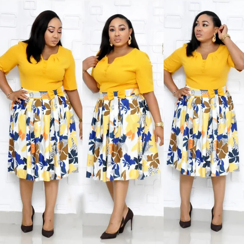 

Plus Size Africa Women Patchwork Dress Floral Print Belt Bow Tie Dresses Half Sleeve Autumn Vestidos Pleated Midi Robe Outfits