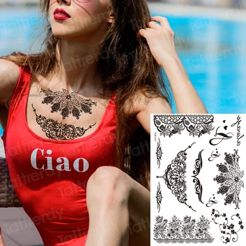

sternum temporary tattoo mandala black henna lace pattern jewelry stickers stockings tattoo legs hand rose flower water transfer