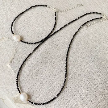 Reiki Healing Jewelry 2mm Small Black Obsidian Stone Choker Necklace White Baroque Pearl Charm Natural Freshwater Pearl Necklace