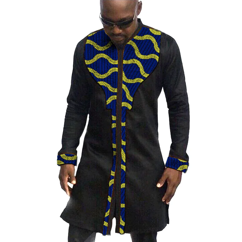 African men's long shirts black with print Ankara tops dashiki shirt men stand collar Ankara shirt wedding wear