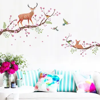 

Nordic Style Sika Deer Plum Blossom Tree Wall Stickers Cartoon Animals for Kids Room Living Room Bedroom Art Decals Decoration