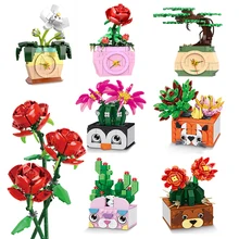 Bloc de construction de Bouquet de roses, orchidées, Cactus, plante bonsaï, modèle d'ornements, Puzzle pour enfants, briques à assembler, cadeau pour filles
