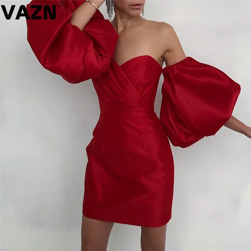 VAZN Chic весеннее сексуальное женское красное черное однотонное мини-платье с рукавом-фонариком и вырезом лодочкой, платье для молодых девушек, специальное праздничное платье