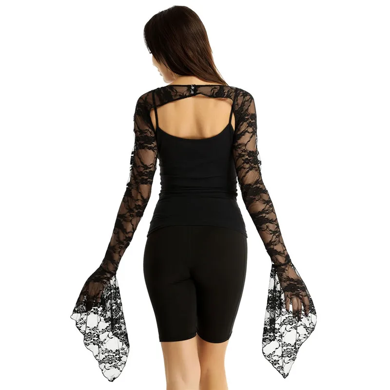 Женское Ретро панк готическое реглан с длинным Расклешенным рукавом прозрачное кружевное цветочное Болеро винтажные гетры для рук накидка для платья