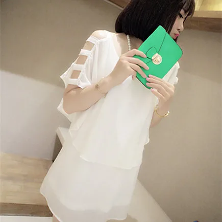 

2017 Summer New Style off-Shoulder Chiffon Fake Two-Piece Versatile Mid-length Dress Skirt Loose-Fit Slimming